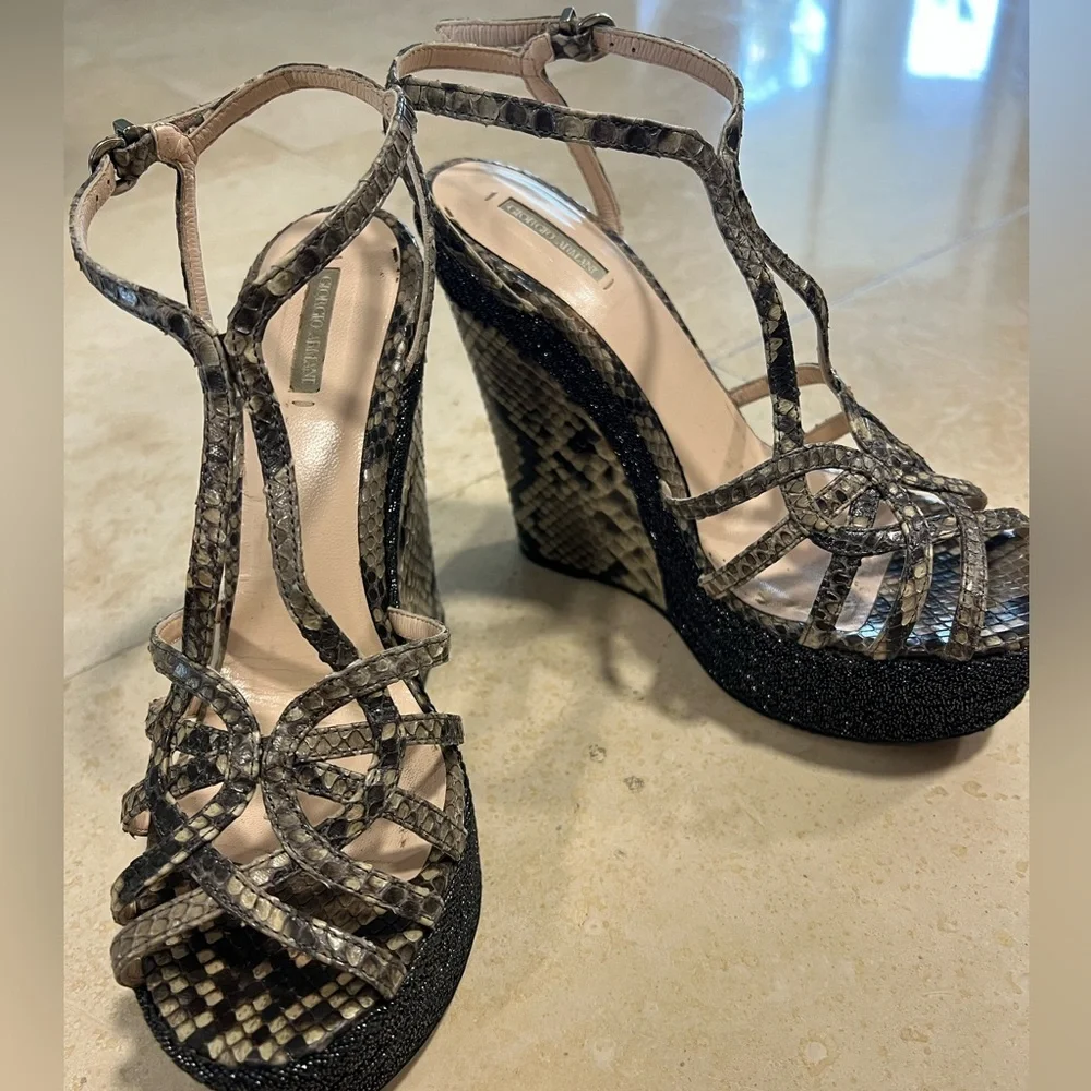 Giorgio Armani snake skin wedge platform sandal in gray and pewter colors